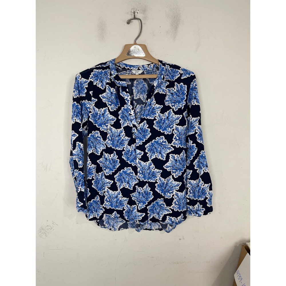Crown &‎ Ivy Womens Blue Coral Print Split Neck Rayon Blouse Navy Small
